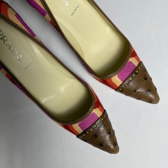 Prada | Size 37, US 7 | Pink, Red, and Purple Linen Heels with Brown Ostrich - Picture 7 of 7